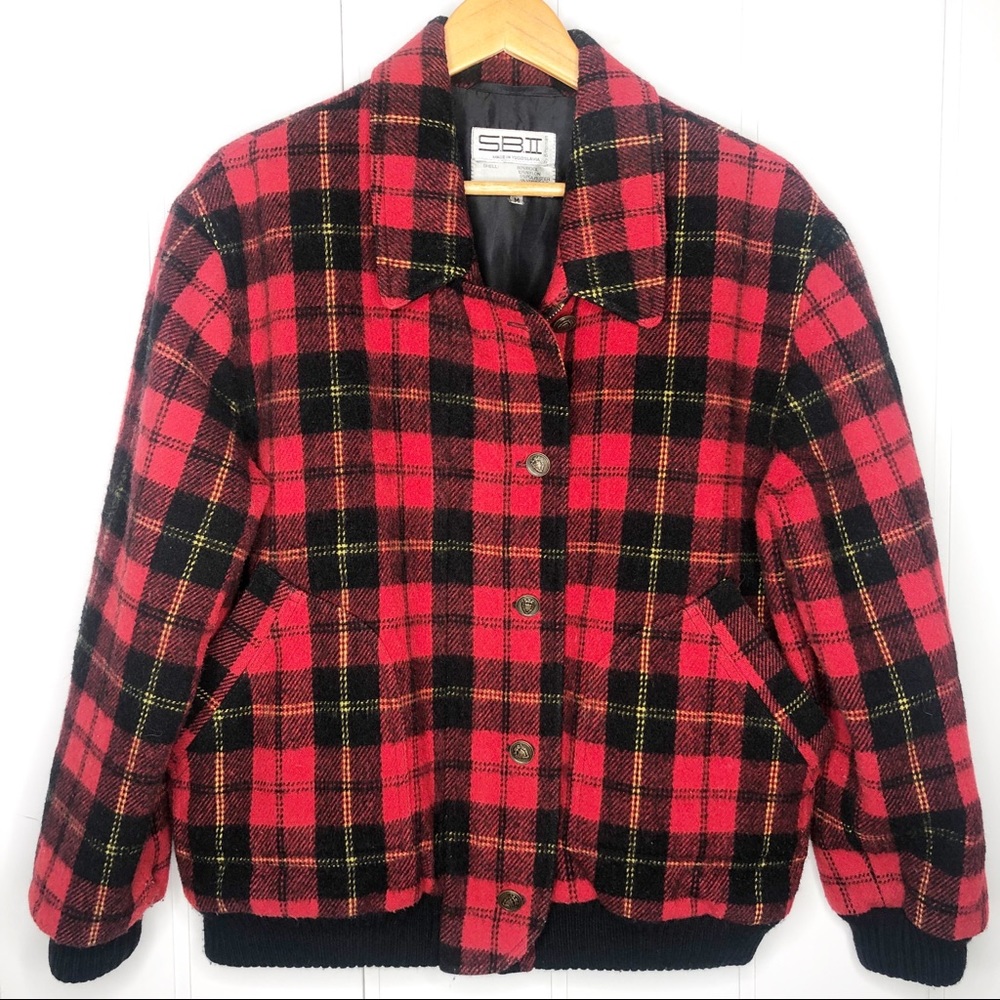 Vintage Red Buffalo Plaid Wool Blend Bomber Jacket